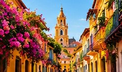 A colorful colonial street with a church tower and flowers