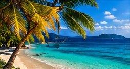 A palm-lined tropical beach with turquoise water