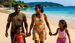A family of four walking hand in hand on a beach