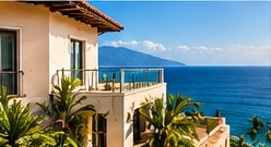 A white villa with balconies overlooking the sea