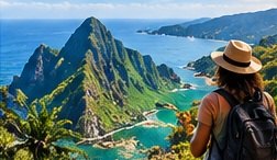 A traveler in a sun hat looking out over green island peaks