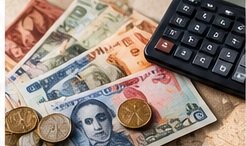 Foreign banknotes and coins beside a calculator
