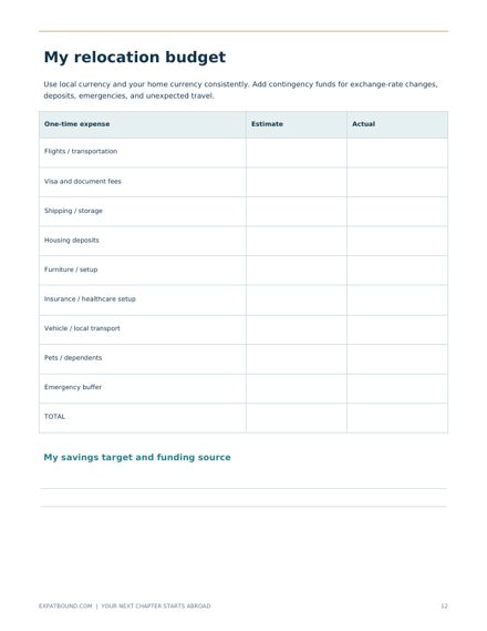 Planner page: relocation budget with estimate and actual columns