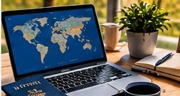 A laptop showing a world map beside a passport and notebook