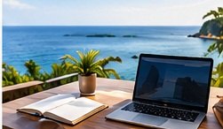 An open book and laptop on a table facing the ocean